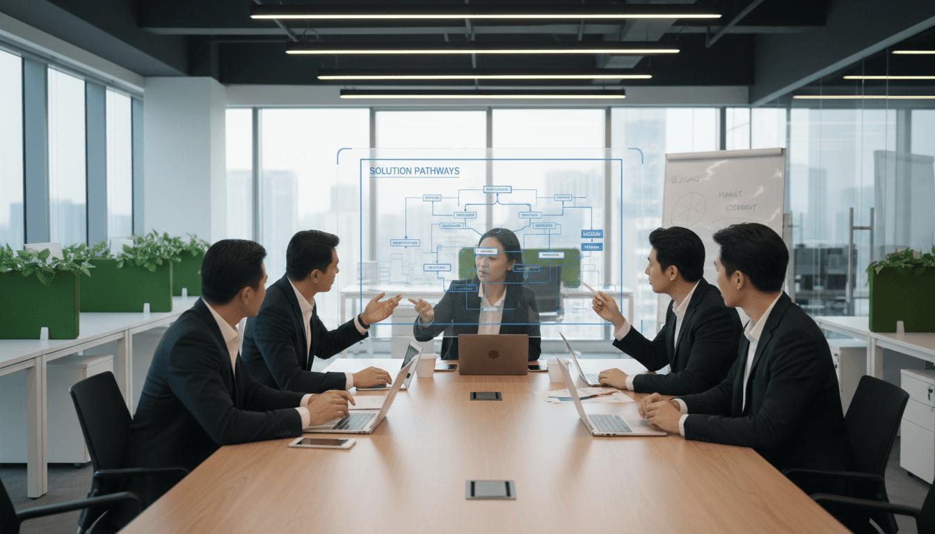 Business professionals collaborating on solutions at a modern office desk