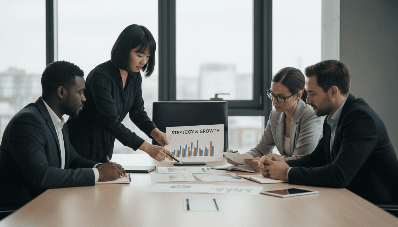 Professional team collaborating on business solutions in a modern office environment